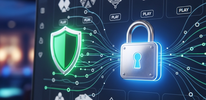 A secure online casino interface featuring a prominent padlock and shield icon, symbolizing robust data protection and trustworthiness for Malaysian players on a premium gaming platform.