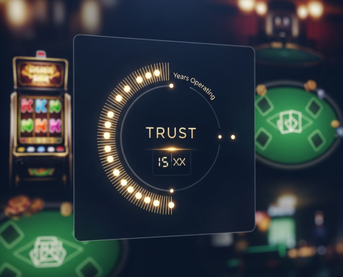 Sleek, modern online casino lobby interface with abstract digital timeline elements and a 'Trust Score' indicator, representing longevity and security in online gaming.
