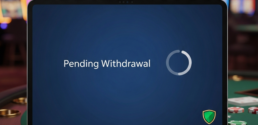 Sleek online casino interface showing a 'Pending Withdrawal' status with security icons and blurred luxury casino background, representing a secure transaction review.