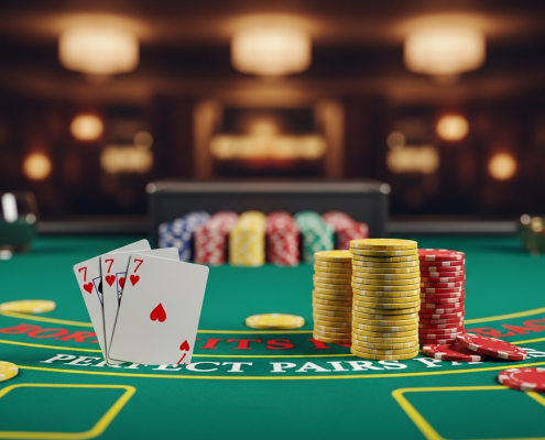 Close-up of a live blackjack table showing a winning 'Perfect Pair' of two 7s of Hearts, with casino chips placed on the main and side bet circles, highlighting the Perfect Pairs side bet.