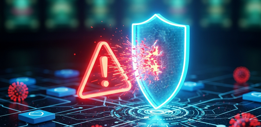 A digital art representation of a cybersecurity threat, with a red malicious data stream attempting to breach a blue-green digital shield over a blurred online casino interface, symbolizing phishing attempts against players.