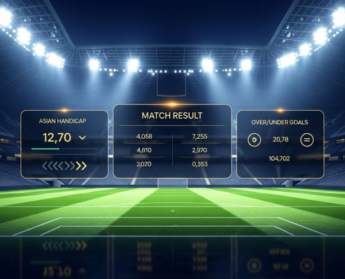 Dynamic image of a football stadium at night with a futuristic digital overlay showing Premier League betting odds and match statistics.