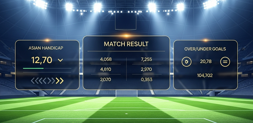 Dynamic image of a football stadium at night with a futuristic digital overlay showing Premier League betting odds and match statistics.