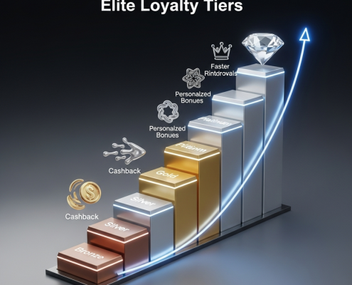 A luxurious, hyper-realistic 3D render of an online casino VIP loyalty program dashboard, showcasing ascending tiers with glowing reward icons for cashback, faster withdrawals, and exclusive bonuses, set against a sophisticated digital background.