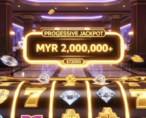 Vibrant progressive jackpot slot machine interface showing a large, glowing jackpot counter and spinning reels with winning symbols, set in a luxurious online casino environment.