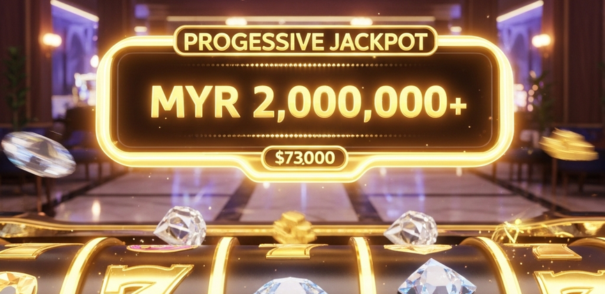 Vibrant progressive jackpot slot machine interface showing a large, glowing jackpot counter and spinning reels with winning symbols, set in a luxurious online casino environment.