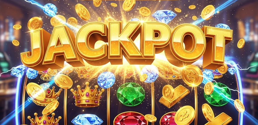 Vibrant progressive jackpot slot machine interface showing a massive 'JACKPOT' win with cascading gold coins and sparkling symbols on a premium online casino platform.