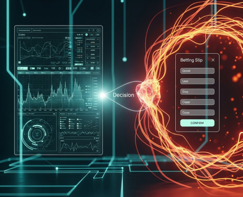 Conceptual image illustrating the psychology of sports betting, with abstract representations of logical data analysis and emotional impulses influencing decision-making on a sophisticated digital sports betting interface.