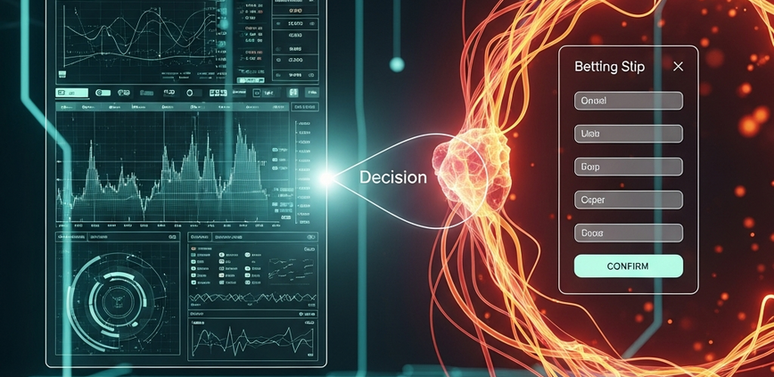 Conceptual image illustrating the psychology of sports betting, with abstract representations of logical data analysis and emotional impulses influencing decision-making on a sophisticated digital sports betting interface.