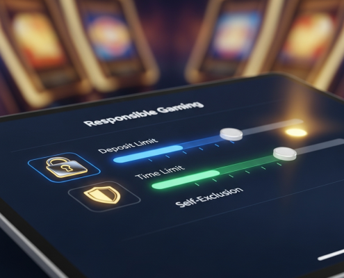 A modern online casino responsible gaming dashboard displaying interactive sliders for deposit limits, time limits, and self-exclusion, with security icons, on a premium digital screen, symbolizing player control and safety.