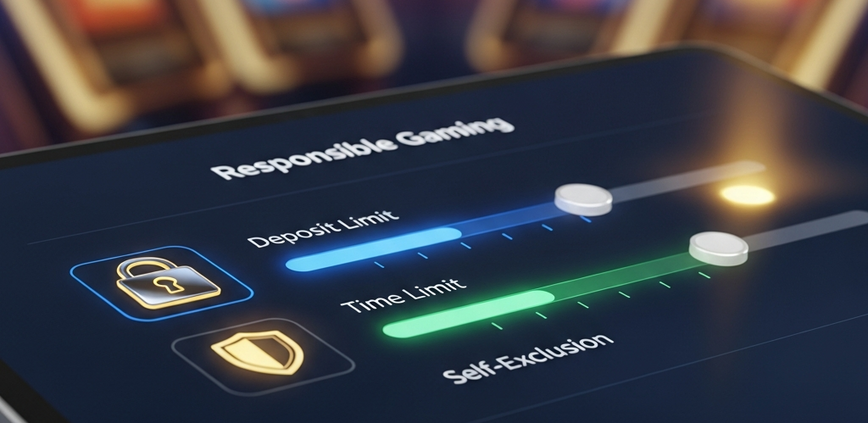 A modern online casino responsible gaming dashboard displaying interactive sliders for deposit limits, time limits, and self-exclusion, with security icons, on a premium digital screen, symbolizing player control and safety.