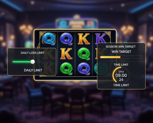 Modern online slot machine interface with prominent controls for setting daily loss limits, session win targets, and time limits, emphasizing responsible gaming and player control.