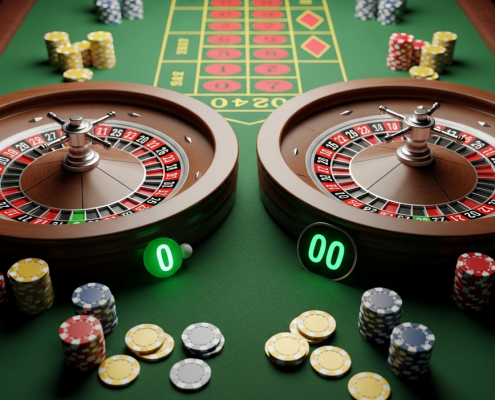 A side-by-side comparison of a European roulette wheel (with a single green '0' pocket) and an American roulette wheel (with both '0' and '00' green pockets), set on a luxurious green felt table with casino chips, illustrating the key difference for online casino players.