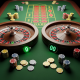 A side-by-side comparison of a European roulette wheel (with a single green '0' pocket) and an American roulette wheel (with both '0' and '00' green pockets), set on a luxurious green felt table with casino chips, illustrating the key difference for online casino players.