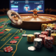 Luxurious online roulette table with a spinning wheel, a ball about to land, and strategically placed casino chips on the green betting layout, representing a sophisticated online casino experience.