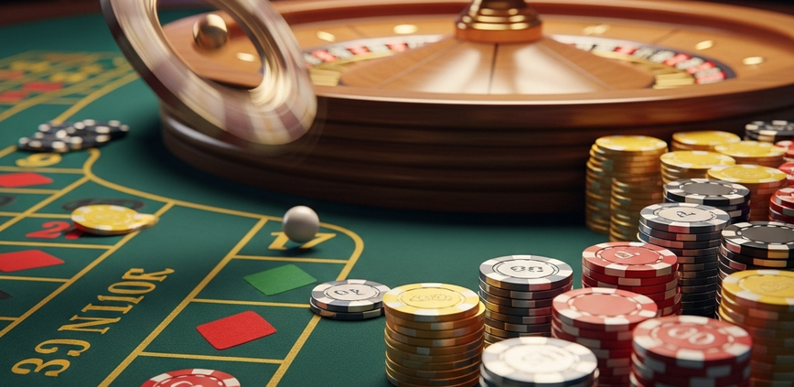 Luxurious online roulette table with a spinning wheel, a ball about to land, and strategically placed casino chips on the green betting layout, representing a sophisticated online casino experience.