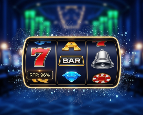 Vibrant online slot machine interface displaying 'RTP: 96%' with spinning reels and classic casino symbols, set against a luxurious digital casino background, symbolizing smart gaming.