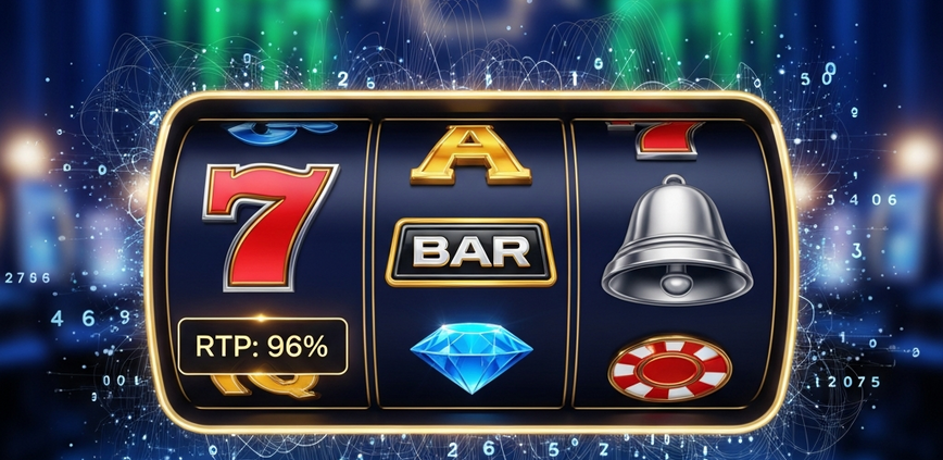 Vibrant online slot machine interface displaying 'RTP: 96%' with spinning reels and classic casino symbols, set against a luxurious digital casino background, symbolizing smart gaming.