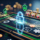 A vibrant digital padlock icon integrated into a sleek online casino interface, surrounded by glowing data streams and abstract casino game elements, symbolizing robust account security and data protection for online gaming.