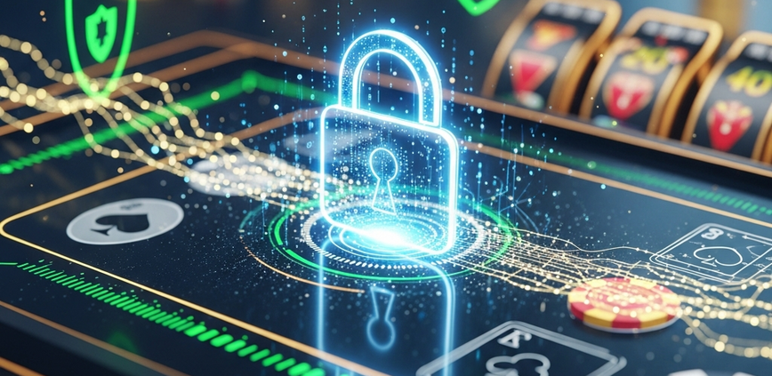 A vibrant digital padlock icon integrated into a sleek online casino interface, surrounded by glowing data streams and abstract casino game elements, symbolizing robust account security and data protection for online gaming.