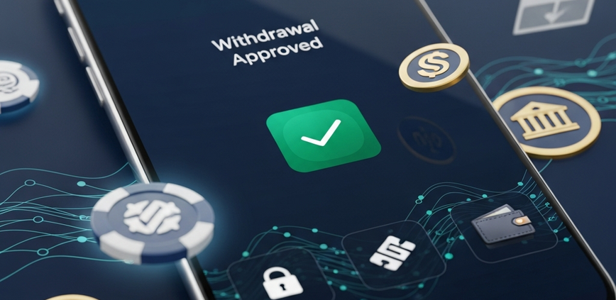 A modern smartphone displaying a 'Withdrawal Approved' screen on a secure online casino platform, with abstract digital financial symbols and generic bank icons in the background, representing safe and efficient money transfers.