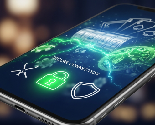 Sleek smartphone displaying a secure online casino app interface with glowing padlock and shield icons, set against a luxurious, blurred background, symbolizing safe mobile gaming in Malaysia.