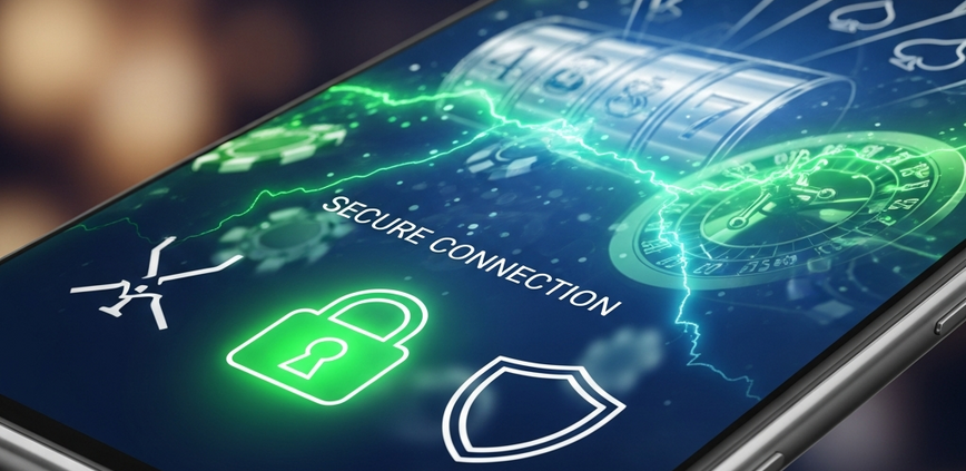 Sleek smartphone displaying a secure online casino app interface with glowing padlock and shield icons, set against a luxurious, blurred background, symbolizing safe mobile gaming in Malaysia.