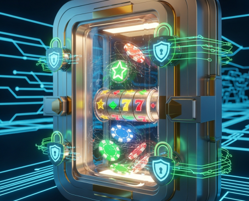 A futuristic digital vault with glowing security locks, protecting a glimpse of online casino game elements, symbolizing robust account security for online casino players.