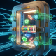 A futuristic digital vault with glowing security locks, protecting a glimpse of online casino game elements, symbolizing robust account security for online casino players.