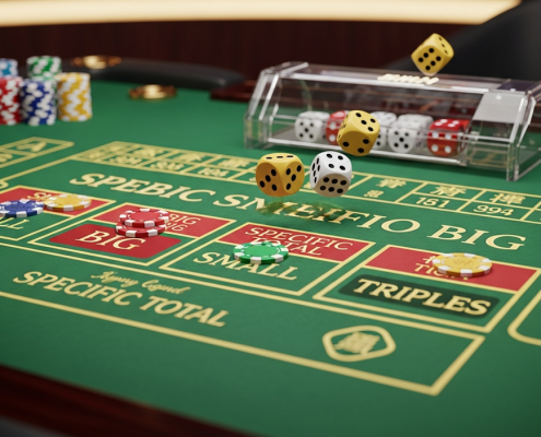 Vibrant online casino Sic Bo game interface showing a detailed betting table with three dice in a shaker, virtual chips, and a luxurious background, representing the excitement of the Asian dice game.