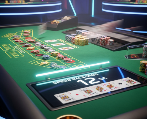 Dynamic, high-angle view of a Speed Baccarat table with cards being dealt rapidly face-up, a glowing digital timer counting down, and neatly stacked casino chips, conveying a fast-paced and luxurious online casino experience.