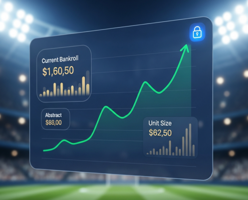 Digital sports betting dashboard displaying a financial growth chart, bankroll indicators, and a secure padlock icon, symbolizing strategic bankroll management.
