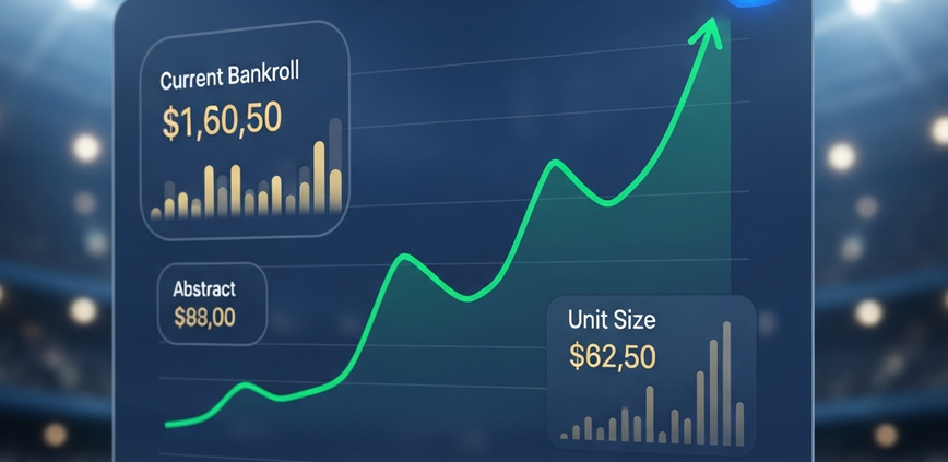 Digital sports betting dashboard displaying a financial growth chart, bankroll indicators, and a secure padlock icon, symbolizing strategic bankroll management.