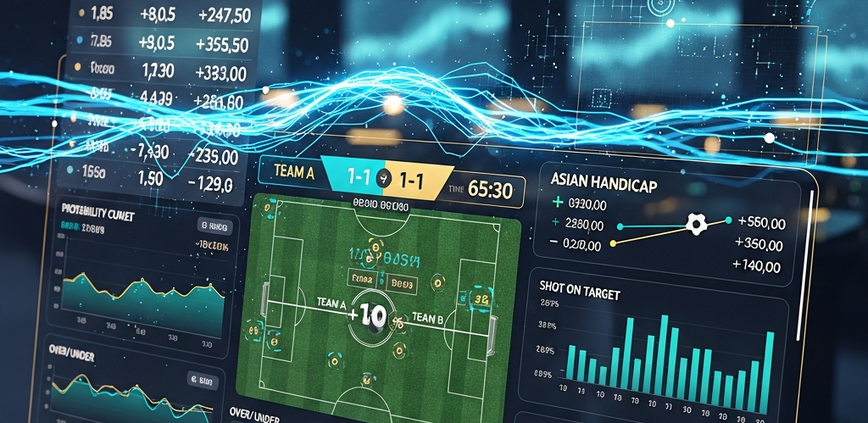 Dynamic sports betting interface displaying live football odds, Asian Handicap lines, and data analytics on a high-tech screen, representing the complex process of odds setting for bookmakers.