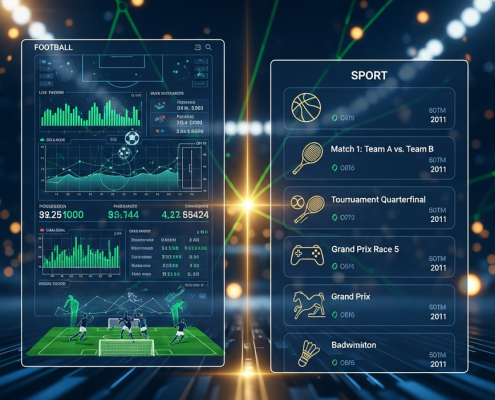 Dynamic digital interface illustrating the choice between specializing in one sport with detailed analytics and diversifying across multiple sports with various icons, representing strategic sports betting for Malaysian beginners.