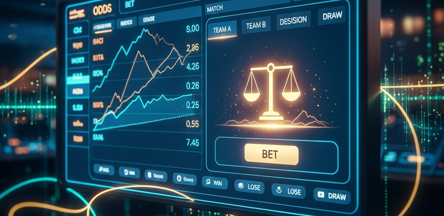 A modern sports betting interface displaying dynamic odds and game information, with subtle visual cues for strategic decision-making, set against a high-tech, luxurious backdrop, representing informed betting choices.