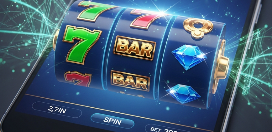 Hyper-realistic smartphone displaying a vibrant, lag-free online casino slot game interface with winning symbols, symbolizing a stable and premium mobile gaming experience.
