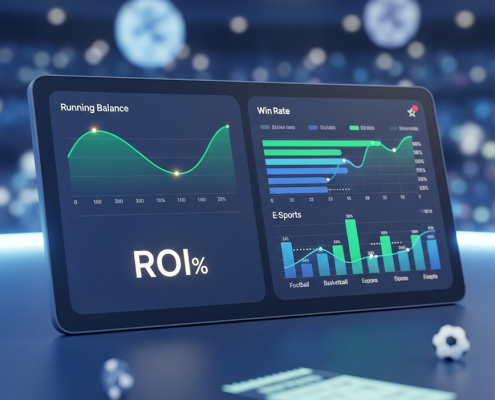Sleek digital dashboard for sports betting performance tracking, displaying ROI, win rate, and profit/loss charts, symbolizing data-driven strategy and long-term success for Malaysian bettors.