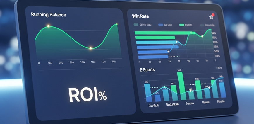 Sleek digital dashboard for sports betting performance tracking, displaying ROI, win rate, and profit/loss charts, symbolizing data-driven strategy and long-term success for Malaysian bettors.