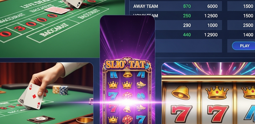Sleek digital interface of a unified online casino platform, showing integrated views of live dealer Baccarat, slot machine reels, sports betting odds, and 4D lottery, representing a 'one account, every game' experience.