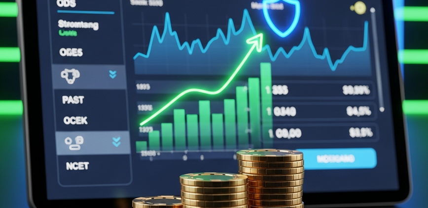 Sleek digital sports betting interface with an overlaid upward-trending financial graph and a protective shield, symbolizing strategic unit sizing and bankroll management for long-term profit.