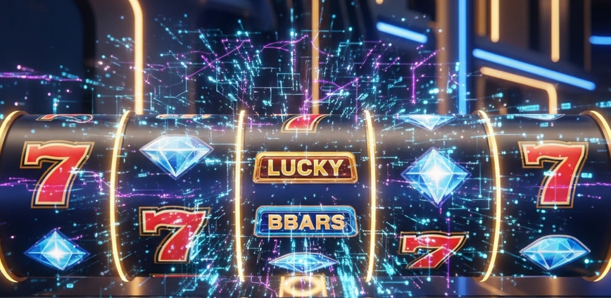 Vibrant online slot machine interface with spinning reels and glowing digital data streams, representing the complex and unpredictable nature of slot payouts due to RNG technology.