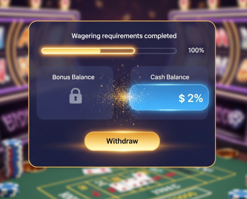 Premium online casino interface showing a 100% completed wagering progress bar, transforming bonus funds into withdrawable cash, with a highlighted 'Withdraw' button.