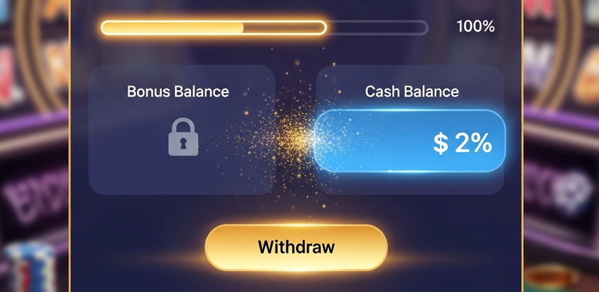 Premium online casino interface showing a 100% completed wagering progress bar, transforming bonus funds into withdrawable cash, with a highlighted 'Withdraw' button.