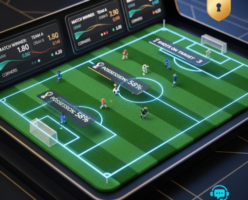 Dynamic online sports betting interface for the FIFA World Cup 2026, showing live match data, secure transaction symbols, and a 24/7 support icon, representing fast and reliable emergency help for bettors in Malaysia.