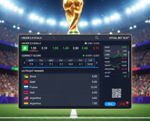 Dynamic digital sports betting interface showcasing World Cup 2026 betting markets like Under 2.5 Goals, Correct Score, and Outright Winner with decimal odds, set against a blurred football stadium background.