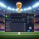 Dynamic digital sports betting interface showcasing World Cup 2026 betting markets like Under 2.5 Goals, Correct Score, and Outright Winner with decimal odds, set against a blurred football stadium background.