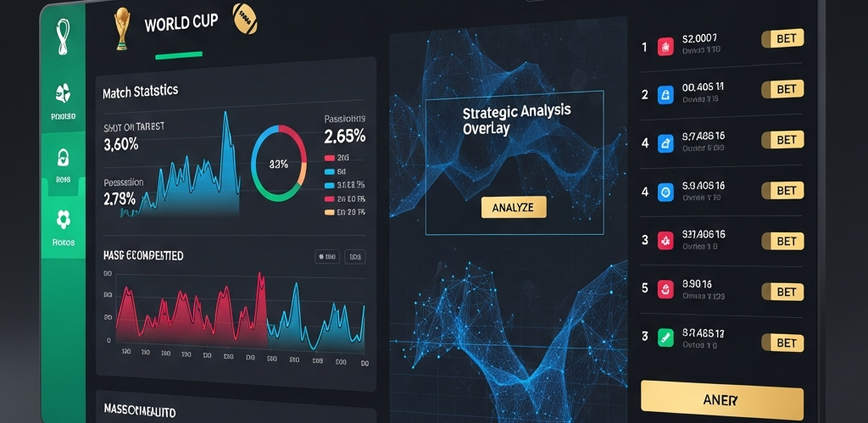 A high-tech digital sports betting interface showing World Cup football statistics, dynamic odds, and analytical charts, representing strategic preparation for major tournaments.
