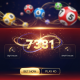 Vibrant digital interface of an online 4D lottery game showing four glowing winning numbers, surrounded by celebratory effects and subtle lottery balls in the background, set against a luxurious red and gold theme.