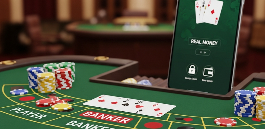 Sophisticated online baccarat interface showing a split view of demo play on one side and a secure real-money mobile game on the other, with betting areas, cards, and chips, emphasizing safe learning.